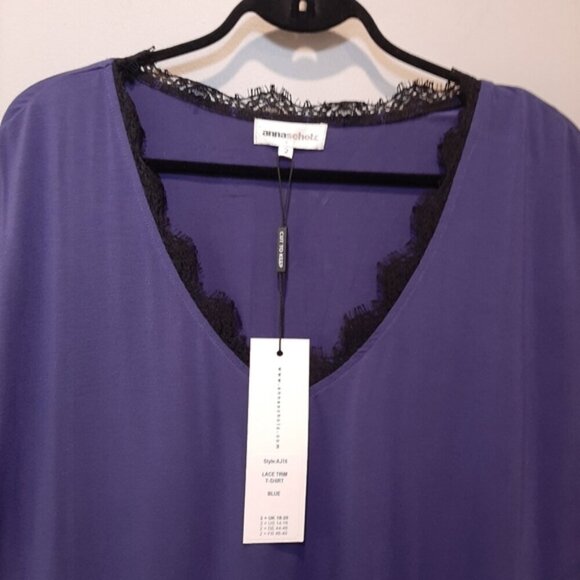 NEW Anna Scholz Royal Purple Tunic Top Short Dolman Sleeve Vneck Lace Blouse - Picture 2 of 10